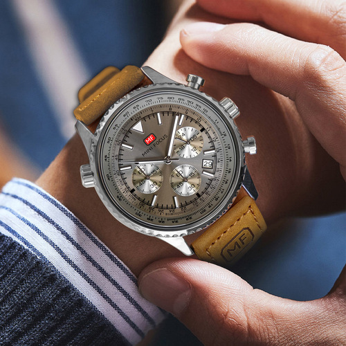 MINI FOCUS Watch Casual Men's Multi-functional Quartz Watch Aviation Timer Men's Watch Genuine Leather Strap 0463G