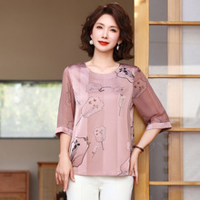 妈妈装夏装新款T恤上衣2024新款中老年女装夏季仿真丝中年小衫