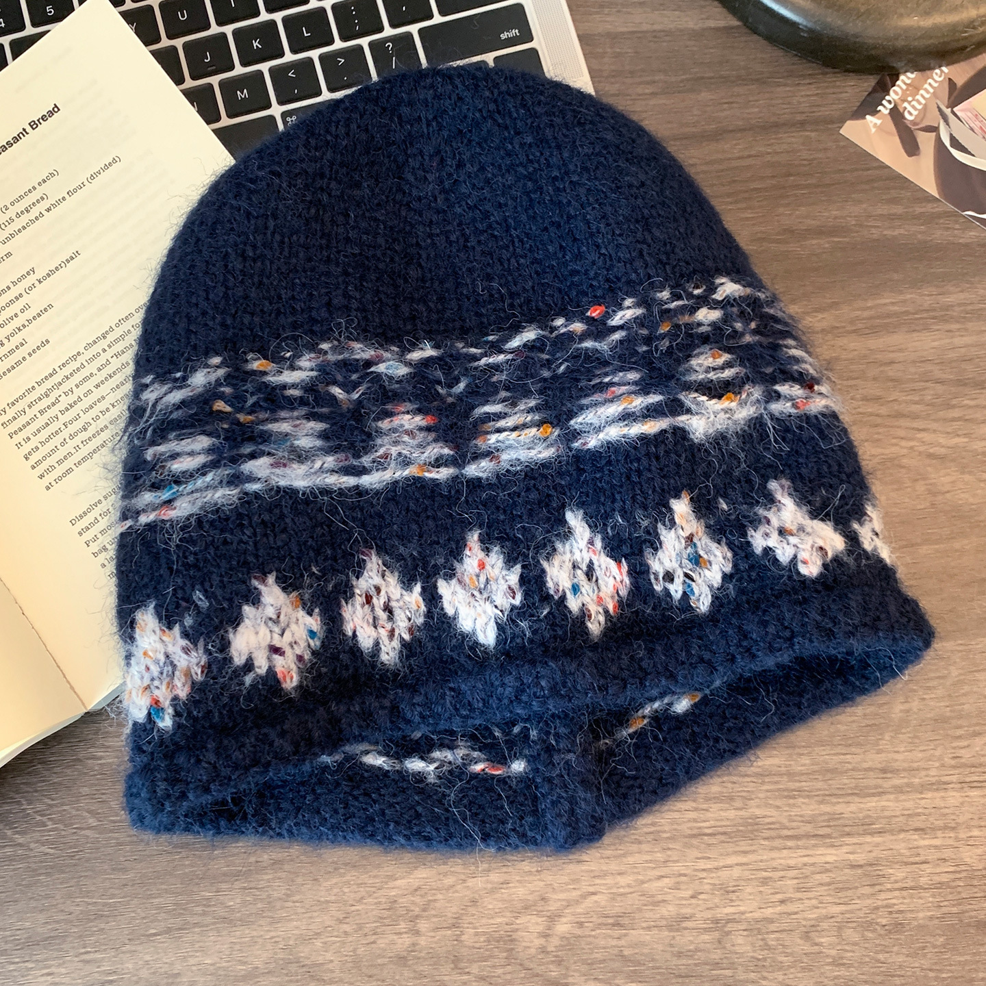 フェア島風毛糸帽子女子秋冬レトロ百合大頭囲保温ニット帽子顔小耳保護帽子