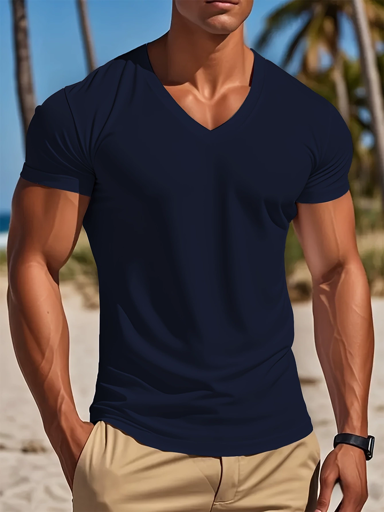 Men's Summer V-Neck T-Shirt - Sleek Black, Lightweight Knit