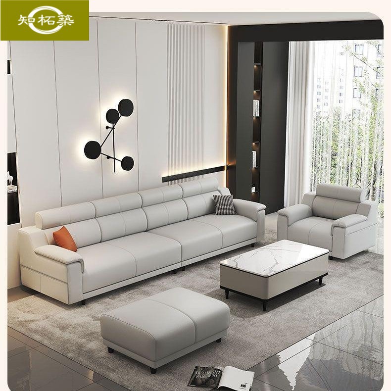 Cream-Colored Cat-Scratch-Resistant Leather Sofa for Small Apartments, Ultra-Fiber Leather Art, Modern Minimalist Living Room Straight-Row New Model Home Sofa