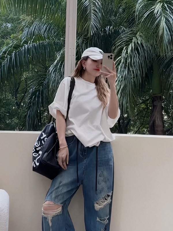 アメリカンレトロサングラス猫春夏まだらプリントファッションルーズカジュアル半袖Tシャツレディースパーソナライズトップトレンディ|undefined
