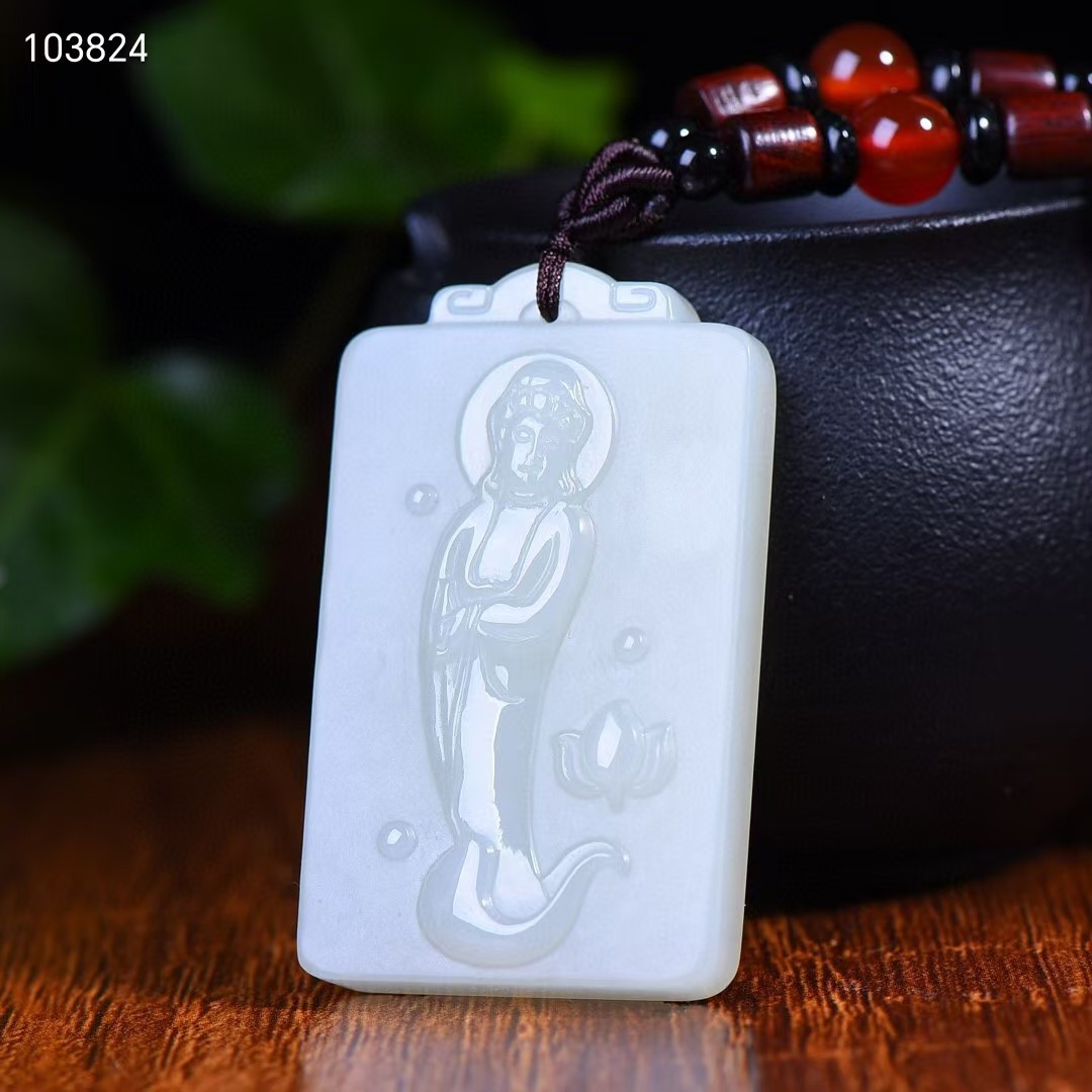 玉器和田玉站观音吊坠白玉观音菩萨挂件牌子佛像玉佩