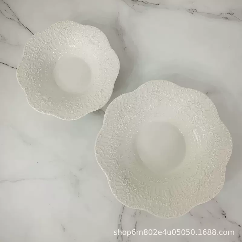 Round Dessert Plate (laba) embossed lace ceramic, retro European style, 6.5 and 8 inch