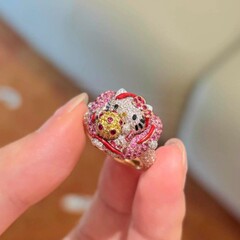 「绮梦猫语」超闪满钻粉色小猫戒指小众设计甜美可爱彩色轻奢指环