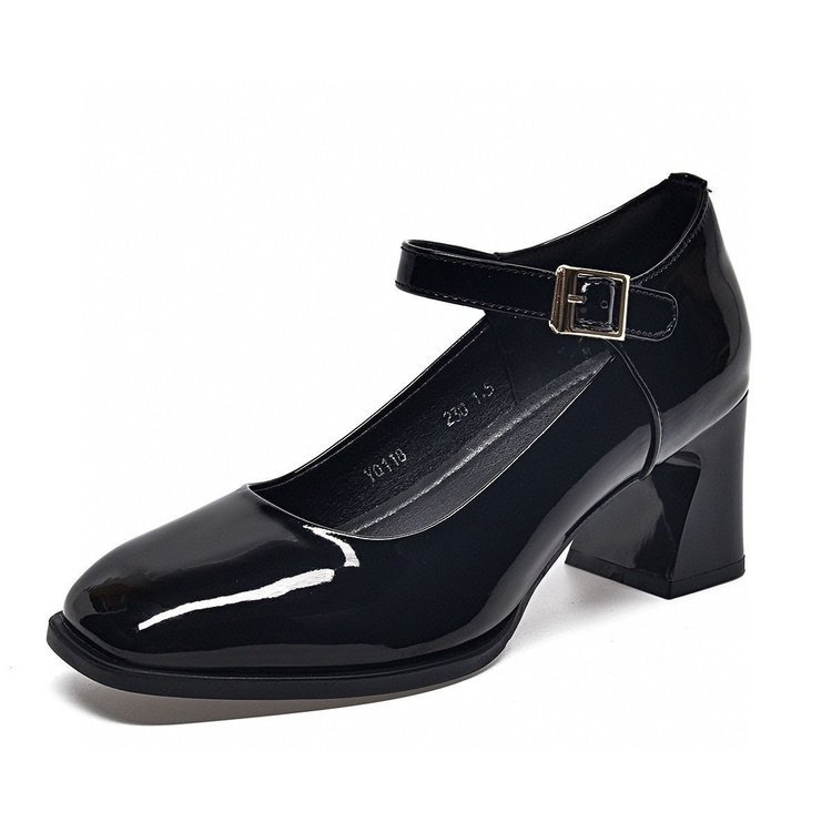 Zapatos de mujer, charol, zapatos individuales con punta cuadrada, zapatos Mary Jane de tacón grueso medio, zapatos individuales, zapatos de cuero pequeños de tacón alto de boca baja para mujer