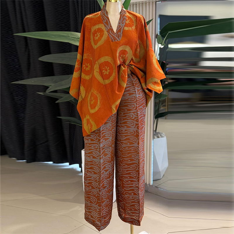 European and American Women's Clothing 2025 Autum New Sweet and Fresh Printed V Neck Bat Sleeves High Waist Straight Pants Two-Piece Set