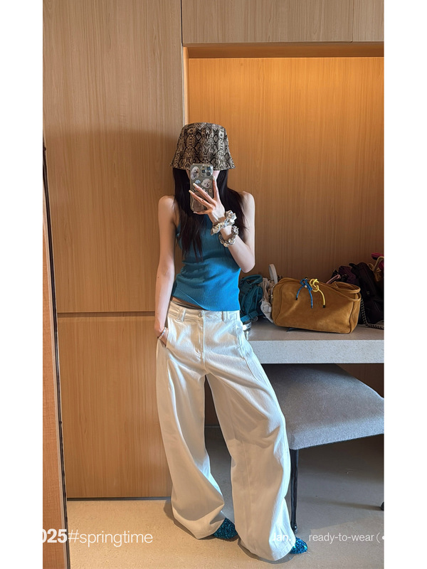 SUNONEONE 白色阔腿裤牛仔裤女秋季新款美式宽松弯刀直筒休闲裤子|undefined