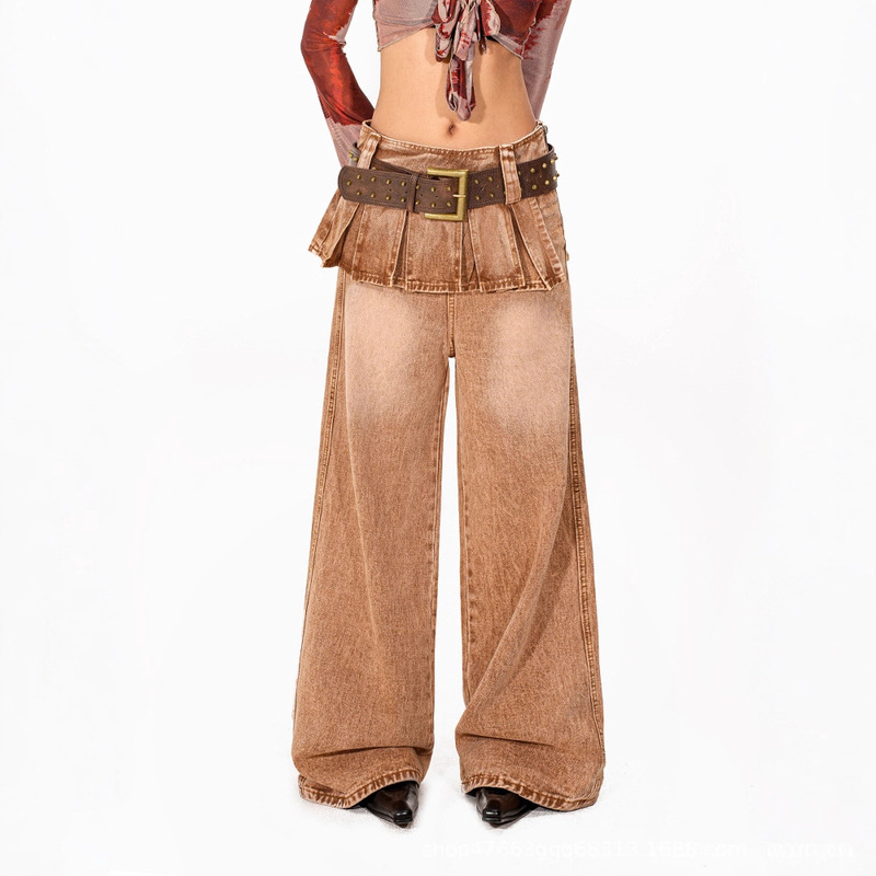 Western Wasteland Style Straight Jeans for Women, Retro Irregular Pleated Skirt, Fake Two-Piece Wide-Leg Pants
