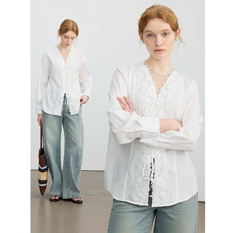 French V Neck Lace Embroidered Jacquard Shirt for Women, Long-Sleeved Spring and Summer New Design, Elegant Casual Top