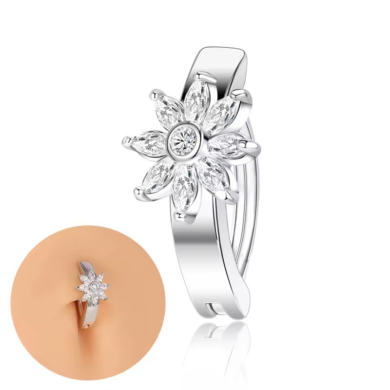 European American Cross-border Stainless Steel Smooth Ring With Personalized Flower Design And Zircon Inlay, Navel_voghion.com