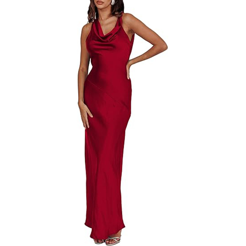 Cross-Border Satin Pleated Collar Sleeveless Backless Extra-Long Wedding Guest Dress Backless Lace-Up Prom Party Sexy Gown