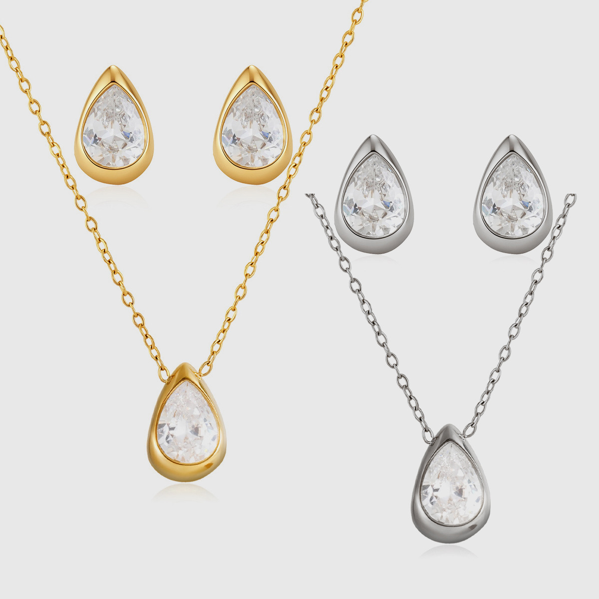 Jingqiao 18K Gold Plated Stainless Steel White Water Drop Zircon Necklace and Earrings Set for Women, Light Luxury Gift Jewelry Set Wholesale