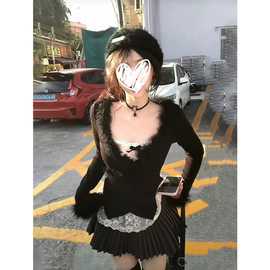 欲甜辣套装女早春秋毛毛拼接上衣内搭蕾丝打底衫百褶裙子两件套