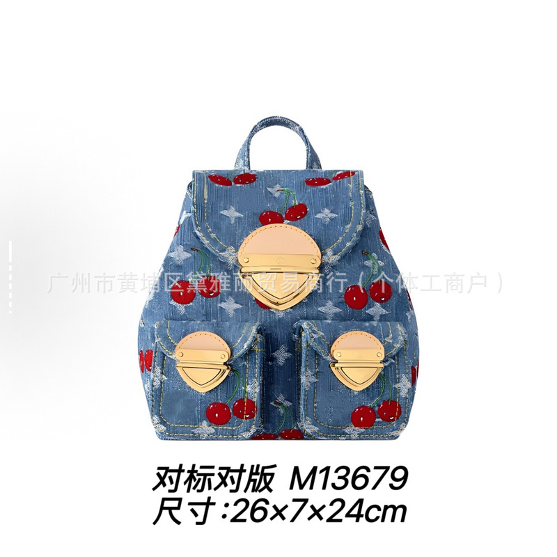 25跨境新品丹宁樱桃双肩包女复古高级牛仔布手提双肩背包驴家对版|undefined