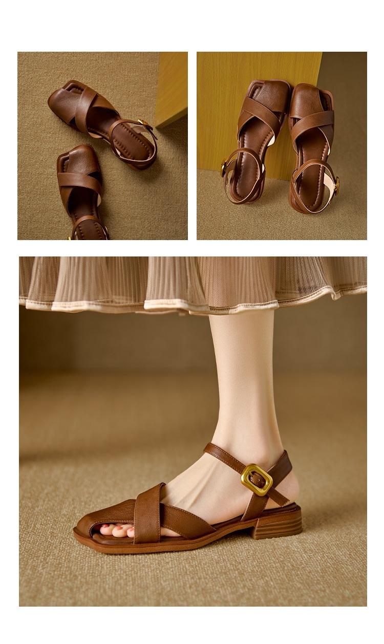 Sandal nữ da bò bít mũi quai ngang đế bằng — Màu nâu chi tiết 7