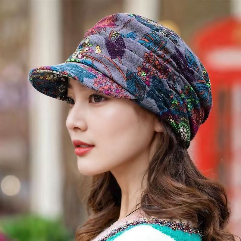 New Floral Twist Hat for Girls, Korean Style Versatile Soft Brim Ethnic Style Baseball Cap, Warm for Autumn and Winter