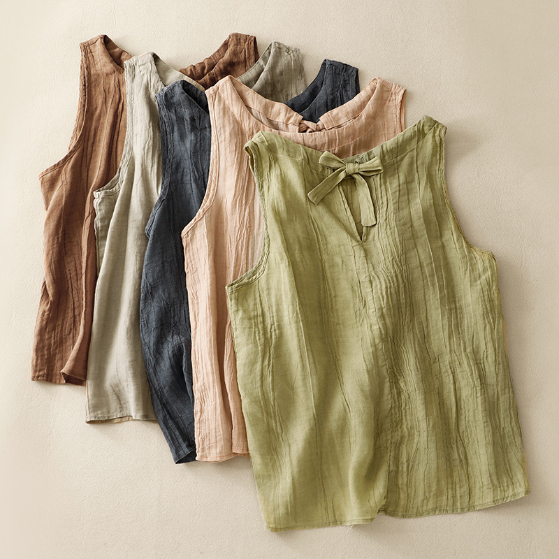 Solid Color Pleated Tencel Small Vest Artistic Vintage Cotton Linen Loose Sleeveless Top for Women