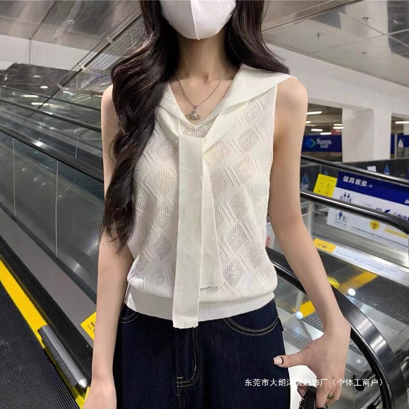 Temperament Navy Collar Hollow Breathable Outer Vest Summer New Design Sleeveless Top