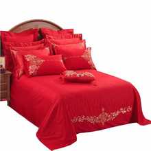 批发婚庆大红色床单单件欧式刺绣床上用品结婚被单枕套三