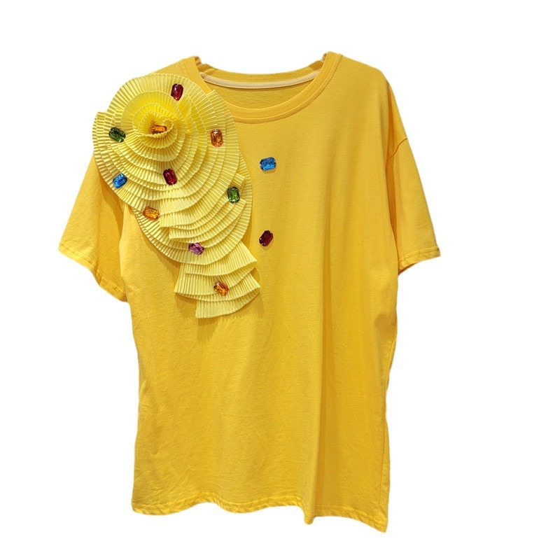 Verano coreano cuello redondo color sólido industria pesada flor mujer manga corta camiseta recta moda todo fósforo plisado suelto