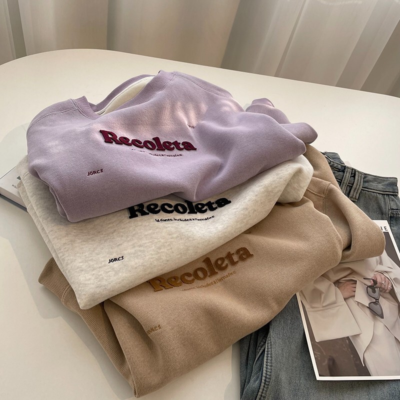 Toothbrush embroidered fleece-lined thickened letter sweater women's autumn and winter short round neck coat small thickened casual top clothes Toothbrush embroidered fleece-lined thickened letter sweater women's autumn and winter short round neck coat small thickened casual top clothes