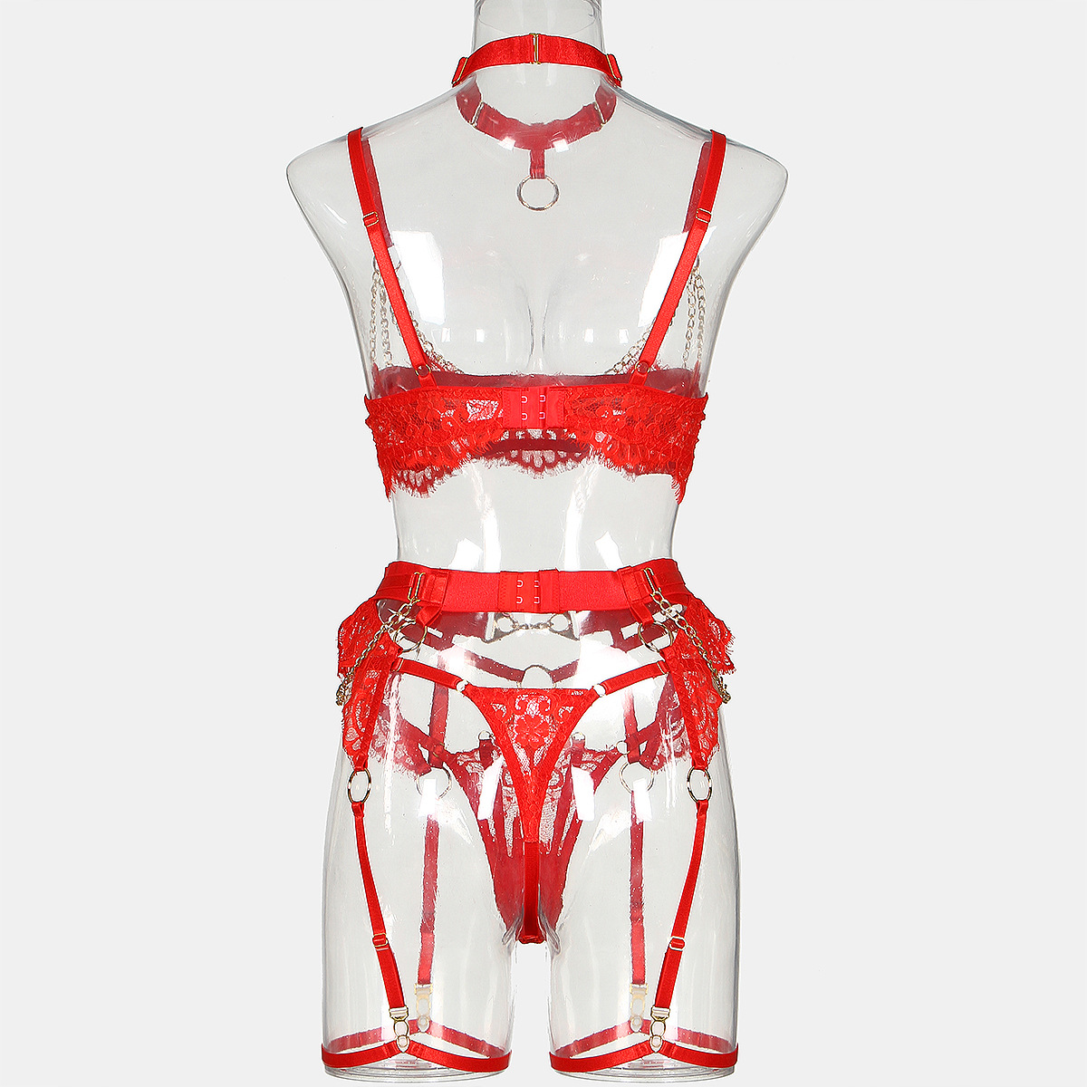 Intricate Hollow Out Half Cup Red Lace Lingerie Set