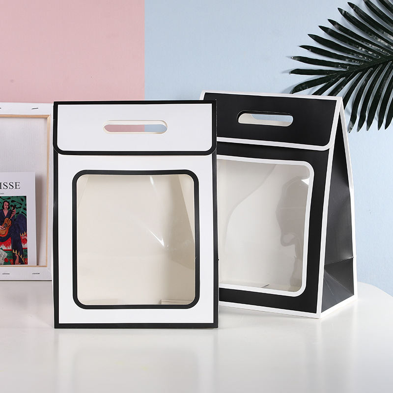 网红橱窗透明手提袋 鲜花店花束包装礼品袋生日回礼袋开窗纸袋子