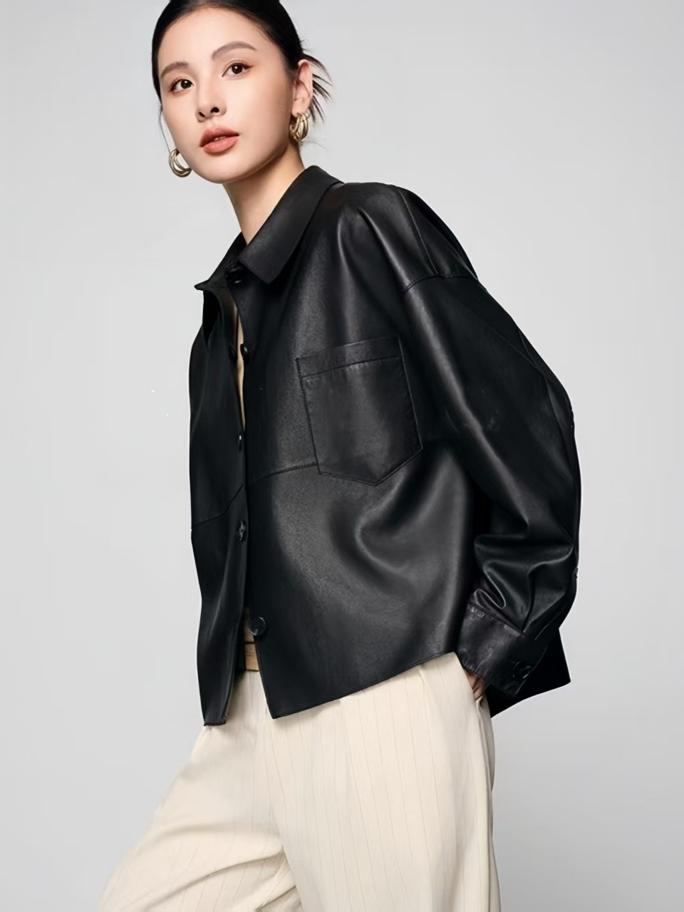 Genuine Leather Jacket for Women 2026 Autumn and Winter New Casual Loose Shirt Top Sheepskin Lapel Slimming Jacket