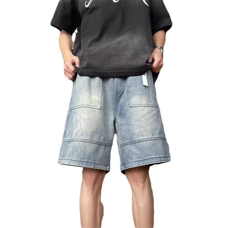 Vintage jeans japoneses, pantalones cortos de verano masculinos, empalme rectas sueltas, antiguo, marca de moda, pantalones casuales de cinco puntos