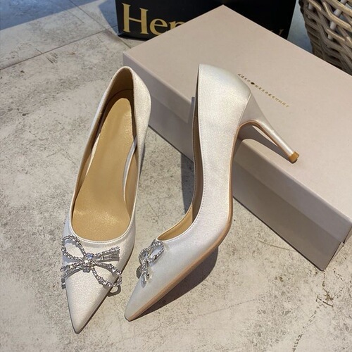 New White High Heels Women's Satin Bow Rhinestone Pointed Temperament Bridesmaid Shoes Women's Wedding Shoes