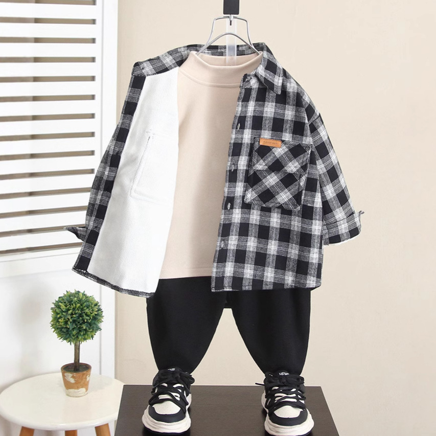 6408 otoño e invierno para niños más camisa de terciopelo engrosamiento de terciopelo 2025 nueva ropa de invierno para niños camisa a cuadros para bebés
