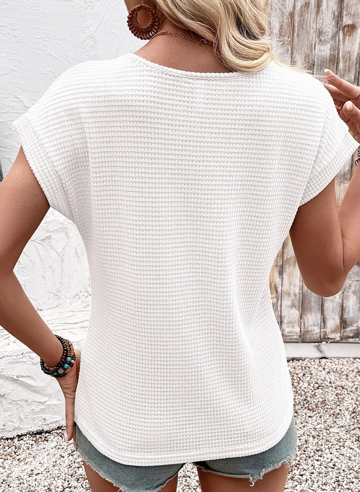 Summer Women's Round Neck T-Shirt Lace Hollow Out Short Sleeve Waffle Knit American Style New_ecoleips.com