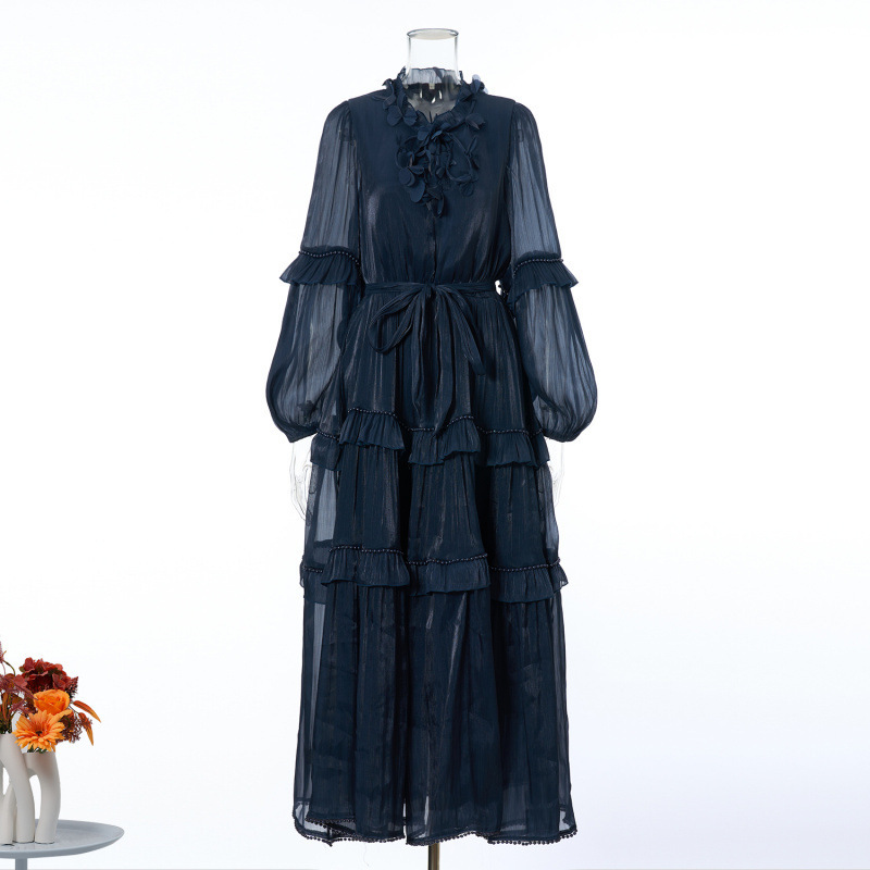 New Holiday-Style Lace-Up Stand-Up Collar Multi-Layered Pearl Ruffle Large Hem Solid Color Long Dress in 10 Colors New Holiday-Style Lace-Up Stand-Up Collar Multi-Layered Pearl Ruffle Large Hem Solid Color Long Dress in 10 Colors