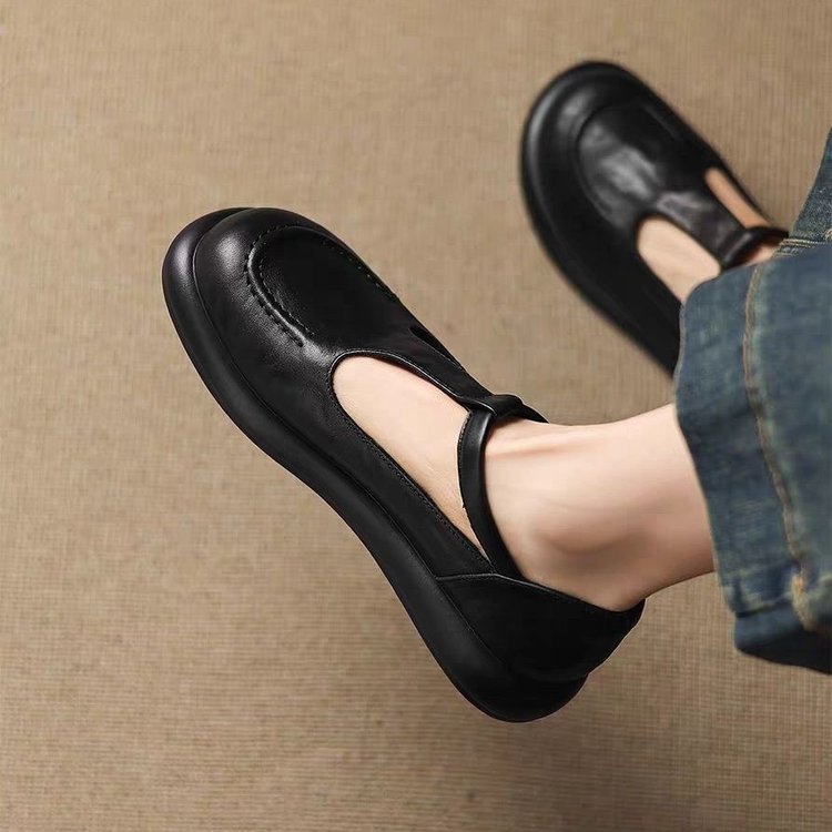 2026 verano francés zapatos de sola gruesa para mujeres viajeros simple velcro zapatos de cuero versátiles zapatos de sola plana retro