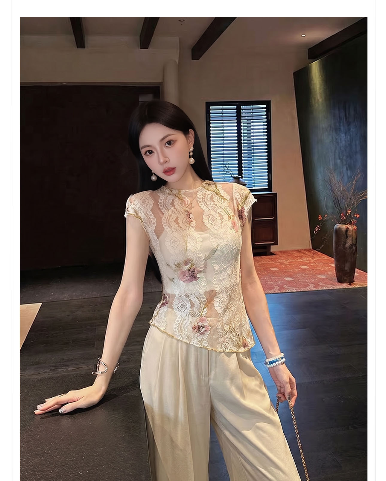 Áo sơ mi dài tay nữ phong cách Tân Trung Hoa, họa tiết in thắt nút ren — Đỏ cam, Trắng nguyệt chi tiết 12
