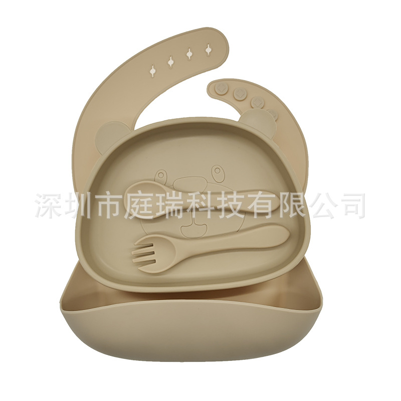 Beige (Bib + Placa de oso + cuchara de silicona tenedor)