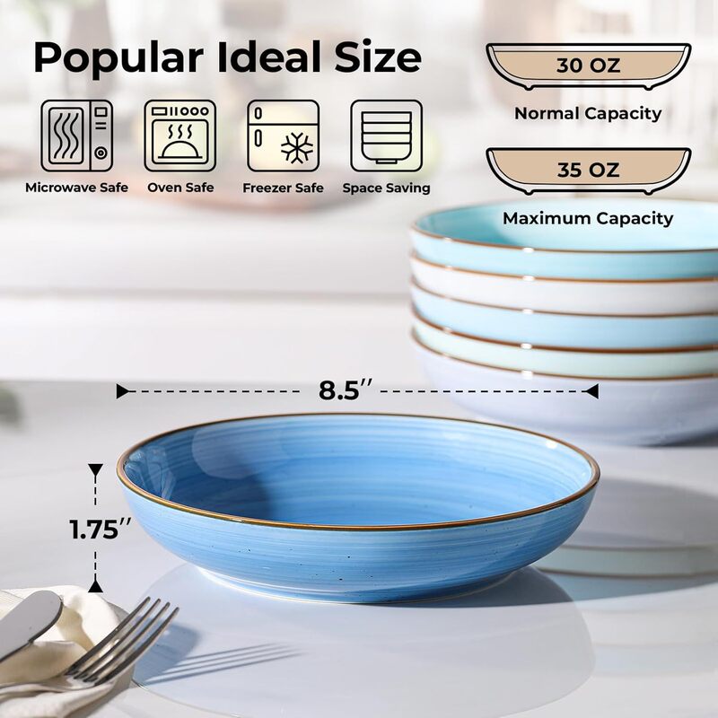 Y Yhy 8.5inch Ceramic Pasta Bowl 6-Piece Set 30 Ounces Household Salad Soup Noodle Bowl Western Tableware