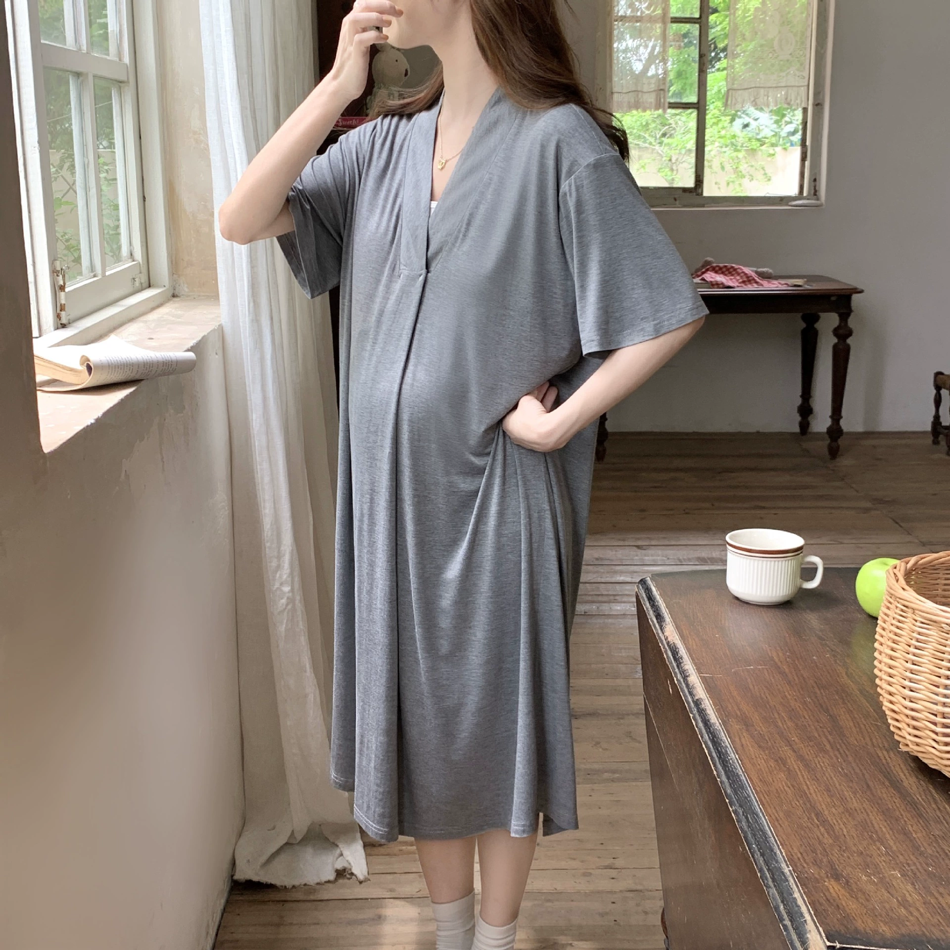 Спот 6159 Модал с короткими рукавами беременные грудное вскармливание ночная юбка женщина лето тонкая материнская больничная кормление