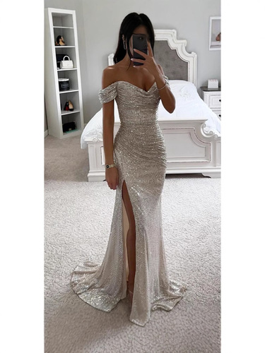 Cross-border best-selling foreign trade women's clothing independent station polyester sexy fine sparkly slits ballroom dress sequin dress new product