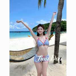 跨境批发可爱少女纯欲风蝴蝶结三件套游泳衣女比基尼BIKINI保守