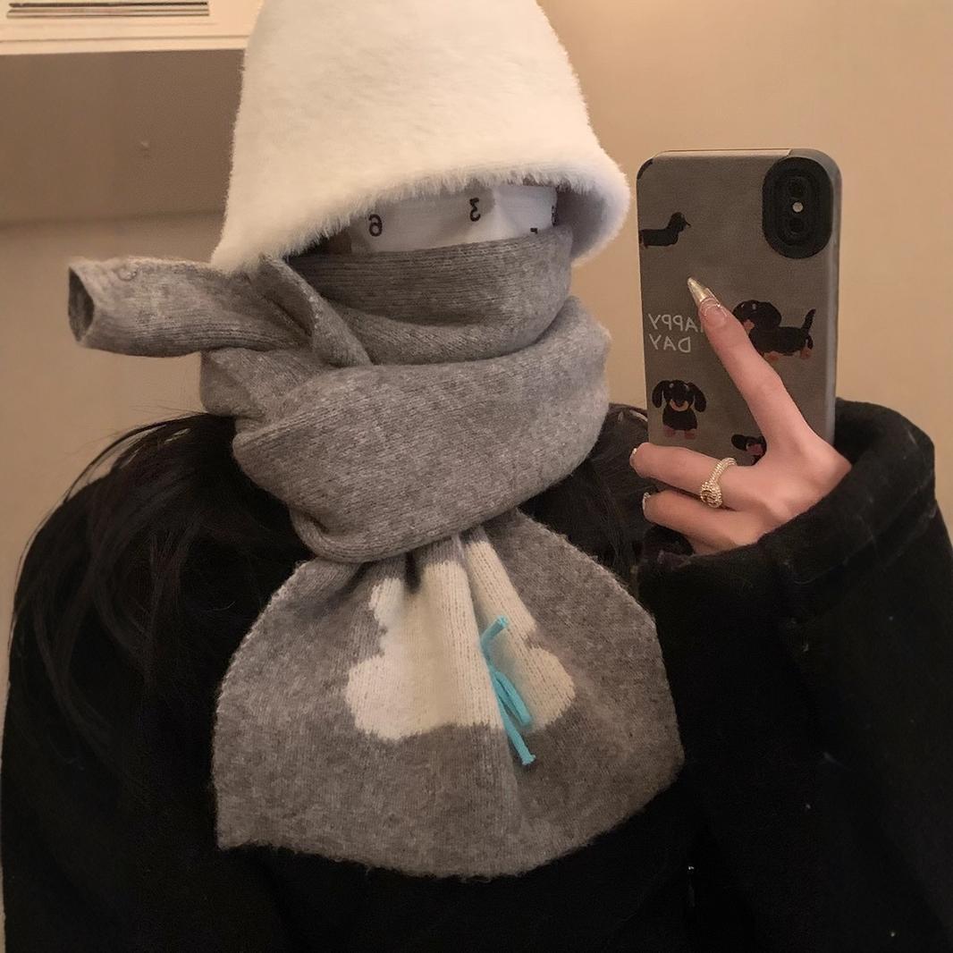 Winter 2024 New Warm Knitted Female Cute Rabbit Bow Leisure Outdoor Windproof and Cold resistant Scarf_voghion.com