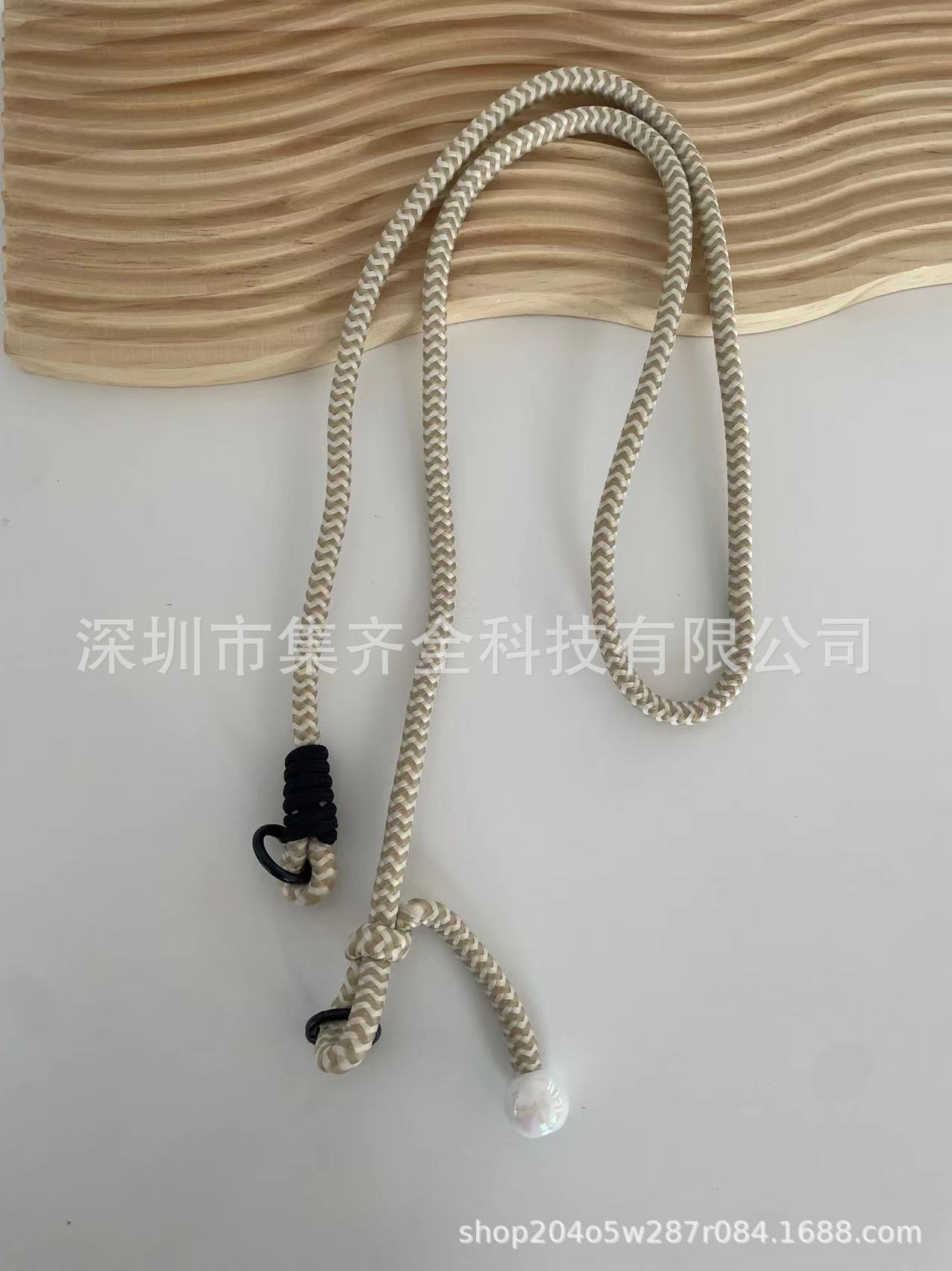 카키색 흰색 줄무늬 진주 끈