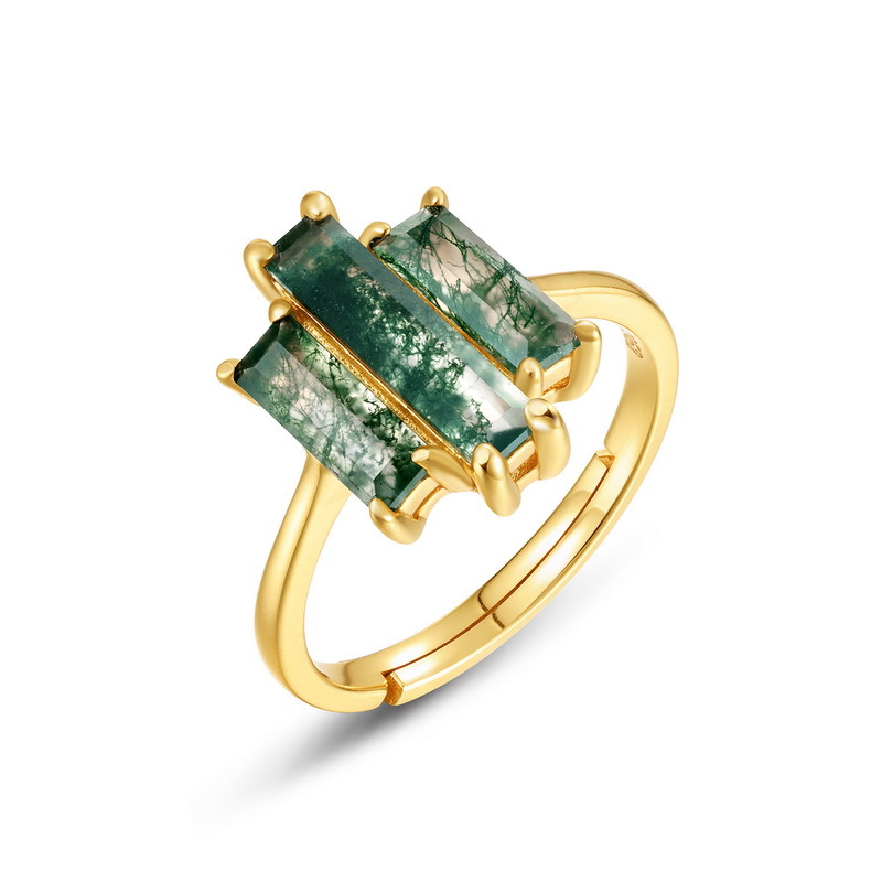 Comercio exterior de Amazon exclusivamente para personalidad exagerada, anillo de dedo alimentador de piedra de musgo verde natural S925 anillo de ágata de hierba con incrustaciones de plata