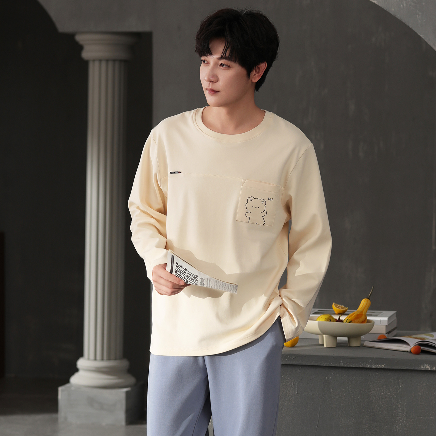 100% Cotton Pajamas for Men, Spring & Fall Round Neck Pullover, Cartoon Casual and Comfortable Long-Sleeved Home Clothes Set That Can Be Worn Outside