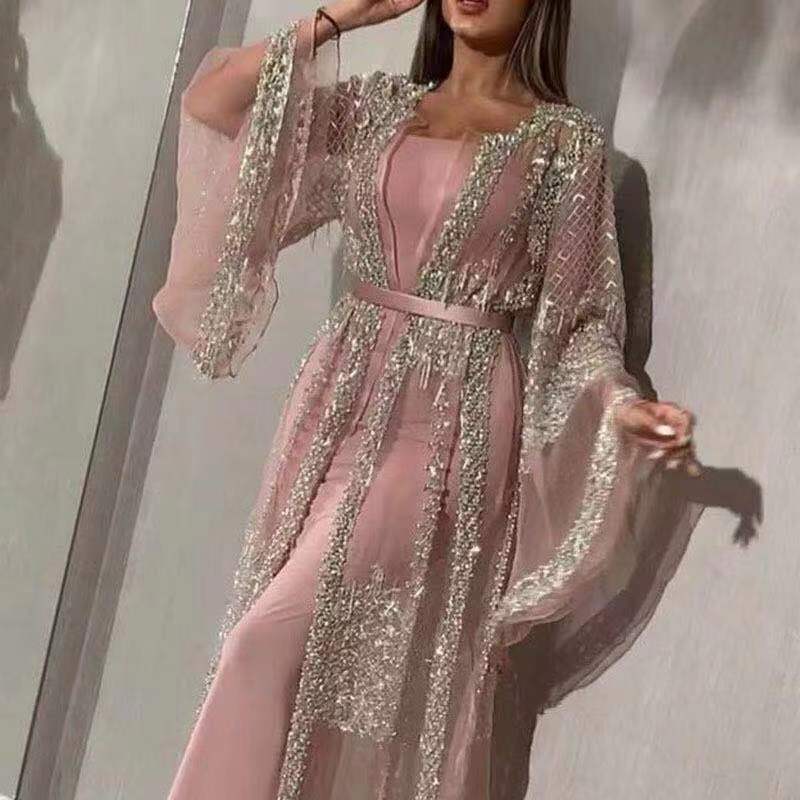 2022 New European and American Foreign Trade Women's Fashion Independent Brand Sequined Large Hem Sexy Long Dress with Shawl for Evening Party New Style