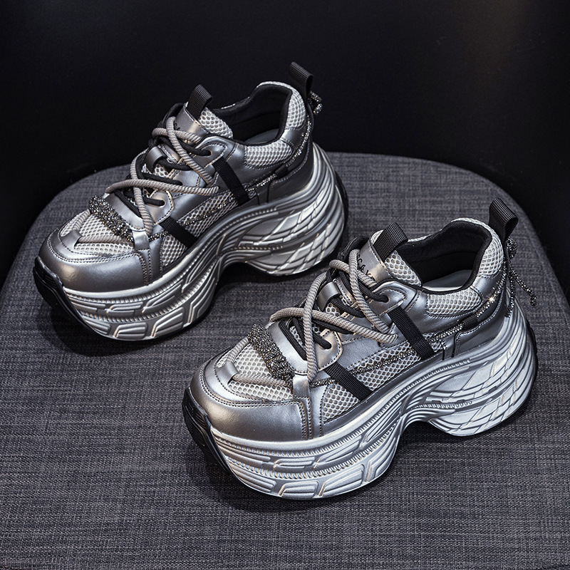 Giày sneaker nữ chunky đế dày phong cách Hàn Quốc, đính đá thời trang, phù hợp người thấp bé — M2803 màu xám, M2803 màu be