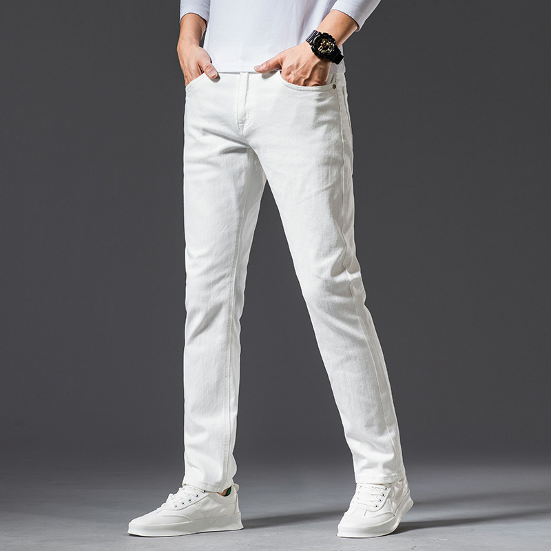 Pure color ivory white jeans men's Stretch Slim sunshine jeans spring new quality high-end slim men's clothing