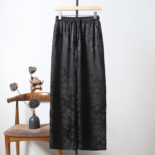 Classical all-matching satin elastic high waist New Chinese jacquard straight leg pants China style women's casual pants show leg length