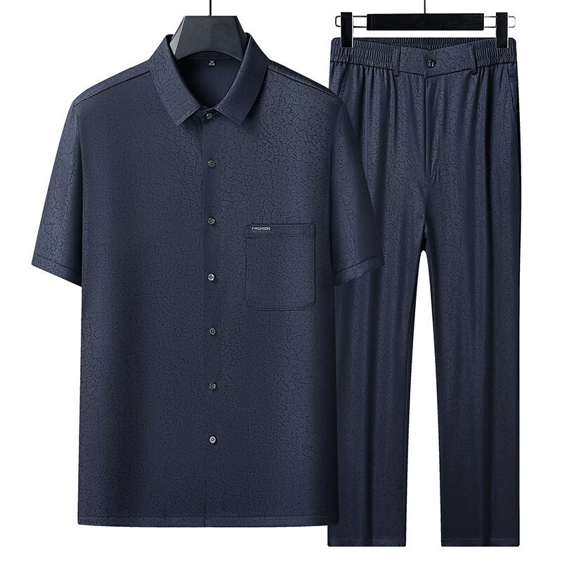 Yunpin летний бесшовный костюм-рубашка из ледяного шелка без глажки с короткими рукавами в китайском стиле серый темно-синий черный светло-серый